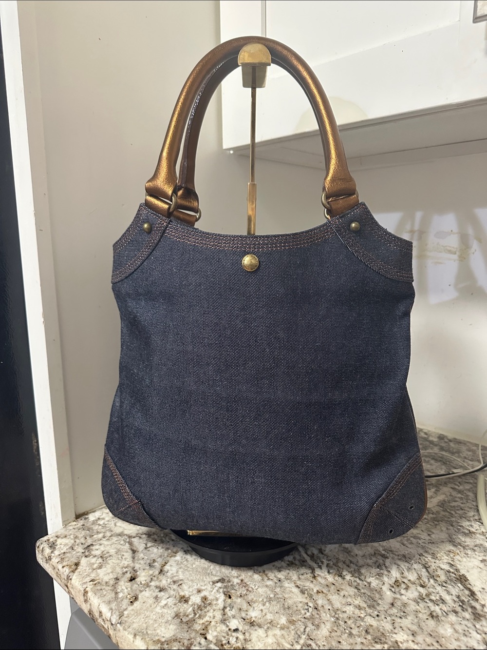 Burberry Denim Shoulder Tote in Dark Blue with Brown Accents - Picture 3 of 11